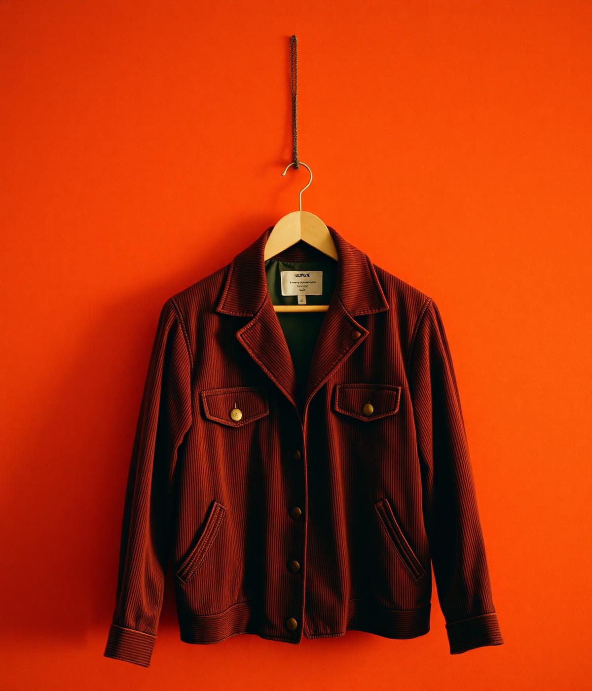 Vintage 70s corduroy jacket on a wooden hanger
